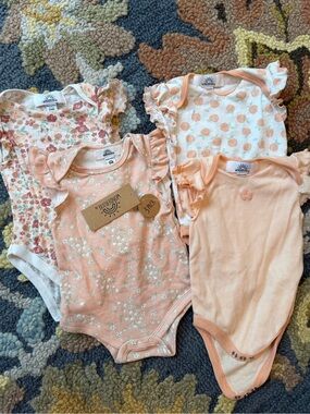 3-Pack Peach Floral & Dot Ruffle-Sleeve One-Pieces for Baby Girls